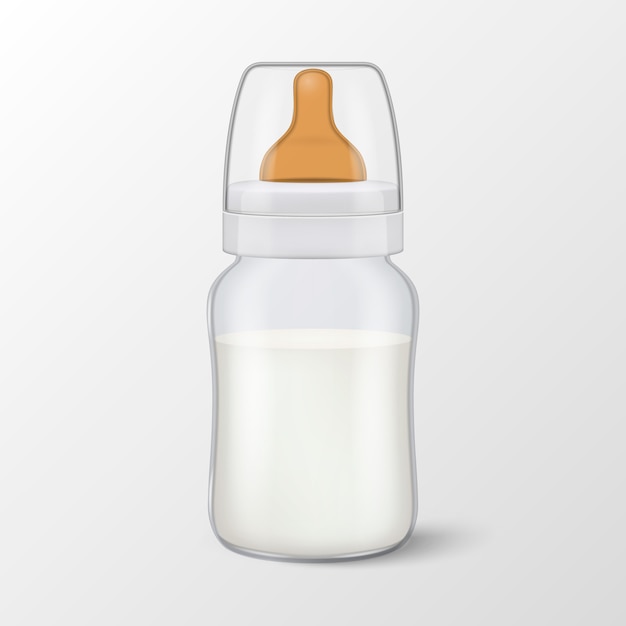 Lait Maternel Vierge Réaliste Bébé En Bouteille De Lait Pour Bébé Avec Capuchon Icône Closeup Sur Fond Blanc. Modèle De Récipient à Lait Stérile, Pour Les Graphiques