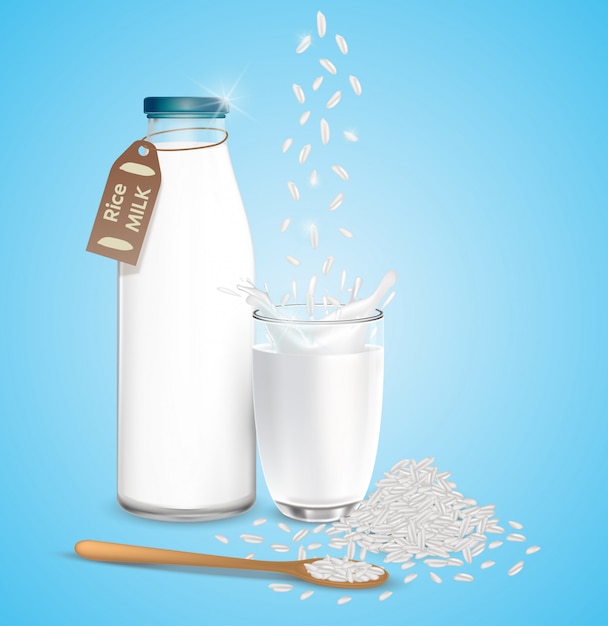 Vecteur lait de riz en bouteilles et verres. produits végétaliens sains et naturels. illustration 3d