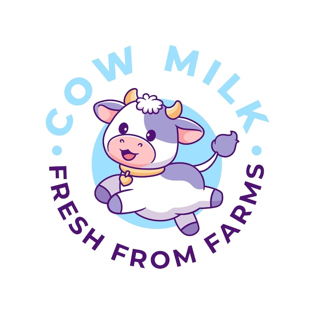 Le lait de vache avec l'étiquette de la mascotte de la vache et le logo en cercle simple