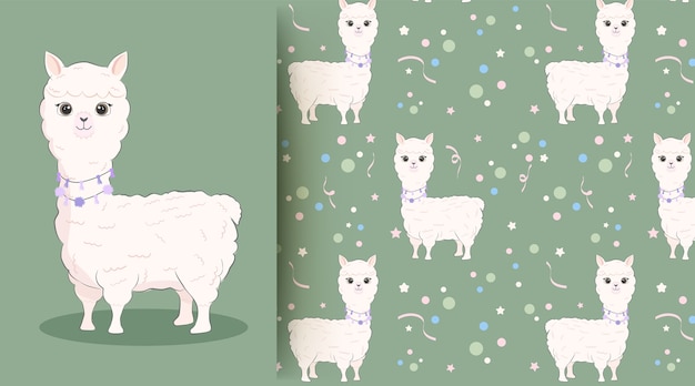 Lama Bébé Animal Mignon Sur Modèle Sans Couture Vert