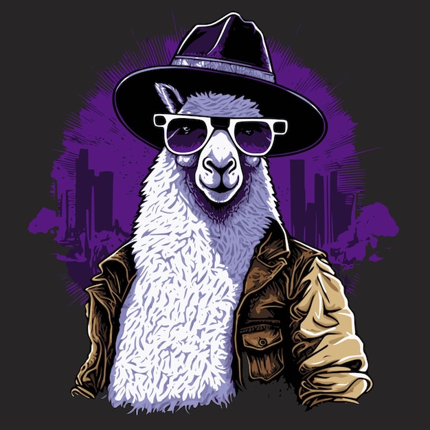 Lama macho drôle en veste lunettes de soleil et chapeau Conception imprimable de style Graffiti pour les tasses de t-shirts