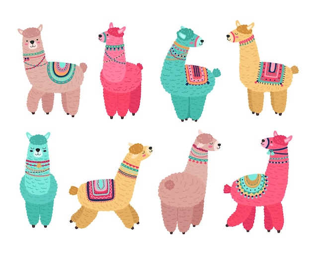 Lama Mignon. Alpaga Drôle, Lamas Mignons Personnages De La Faune Mexicaine. Animaux De Laine Tribaux Créatifs, Ensemble De Vecteurs Isolés Pour Animaux De Compagnie De Pépinière De Dessin Animé. Animal D'alpaga, Illustration De Lama Colorée Drôle