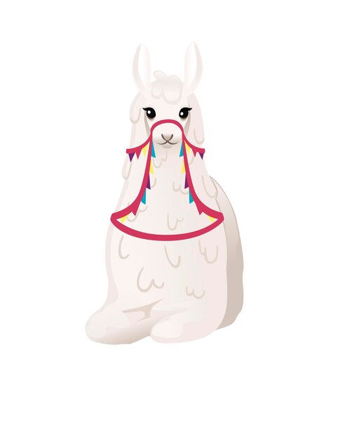 Lama mignon assis sur le sol portant une selle décorative avec des motifs dessin animé animal design plat vector illustration isolé sur fond blanc vue de face.