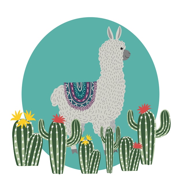 Vecteur lama mignon avec des cactus