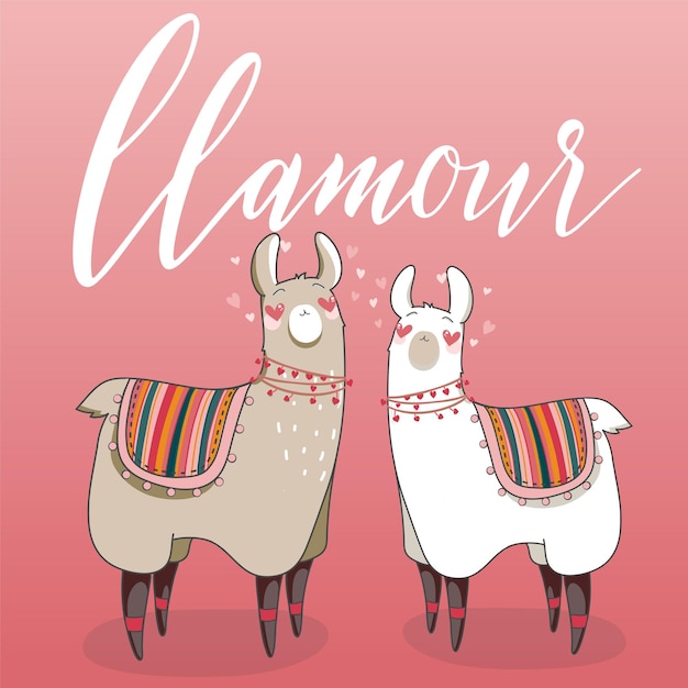 Lama En Style Cartoon. Lama Amoureux Avec Le Coeur Dans Les Yeux. Illustration Vectorielle Dessinés à La Main. éléments Pour Carte De Voeux, Affiche, Bannières. Conception De T-shirt, Cahier Et Autocollant