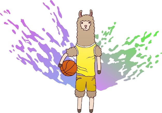 Lama tient un ballon de basket sur fond de taches dégradées