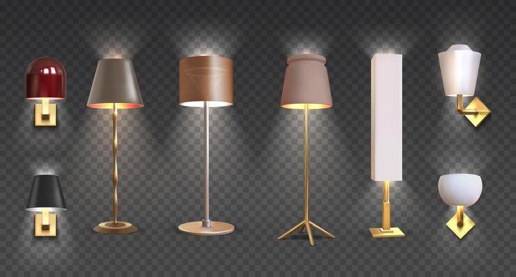 Lampadaire réaliste. Gros plan 3D rendu de torchère électrique moderne avec lumière isolée sur fond transparent. Ensemble de meubles lumineux d'illustration vectorielle pour l'intérieur d'éclairage
