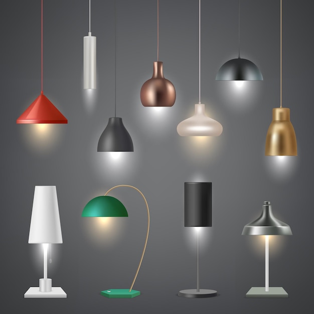 Vecteur lampes d'intérieur objet moderne pour l'éclairage de la zone dans les pièces de la maison lumière pour le sol et le toit vector décent ensemble de photos réalistes