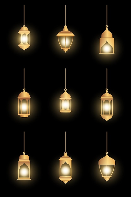 Vecteur lampes orientales lanternes arabes accrochées à des chaînes en or éclairage décoratif réaliste isolé ramadan
