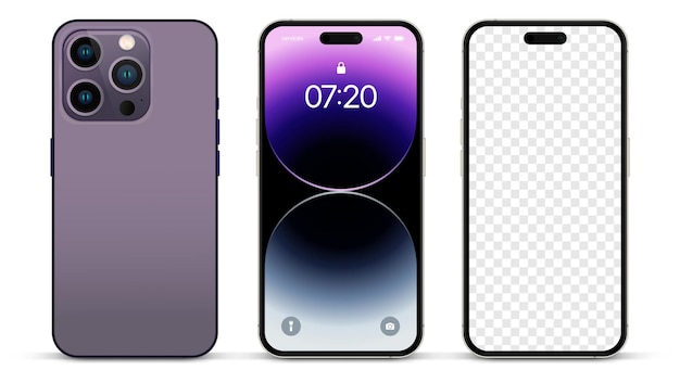 Vecteur lancement du nouveau smartphone violet foncé iphone 14 pro recto et verso. maquette de smartphone avec écran