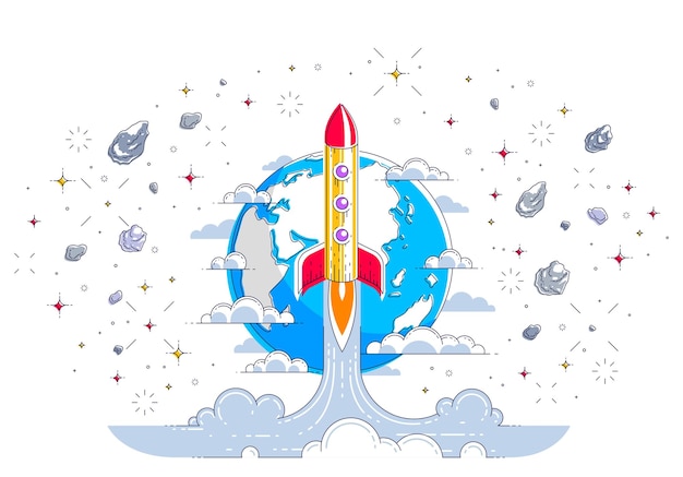 Lancement de fusée dans l'espace non découvert avec la planète Terre en arrière-plan, entourée de comètes, d'astéroïdes, de météores et d'étoiles. Explorez l'univers, la science spatiale. Illustration vectorielle 3d en ligne mince.