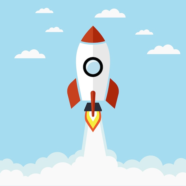 Lancement de fusée et fumée à travers le nuage dans l'espace Design plat de démarrage Illustration vectorielle