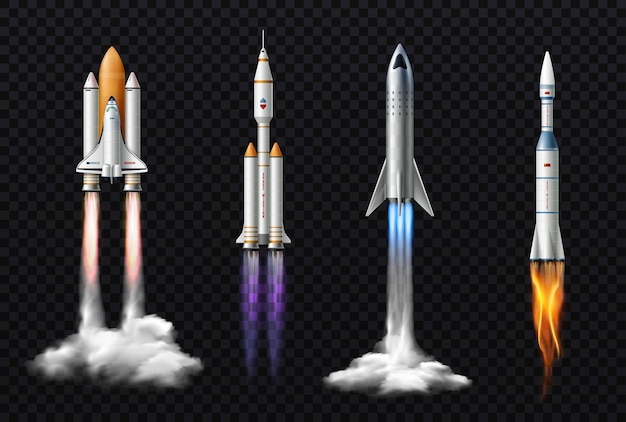 Lancement de fusée réaliste avec des images isolées de fusées de mission spatiale avec de la fumée sur l'illustration vectorielle de fond transparent