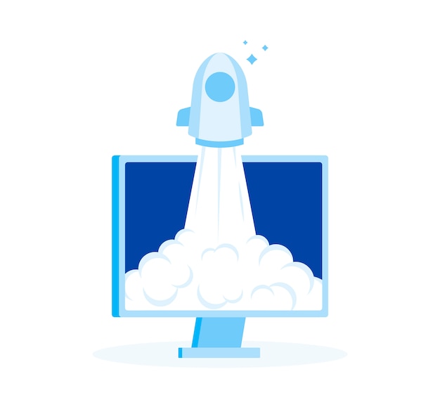 Lancement réussi de la startup. Rocket Start à l'air à partir d'un écran d'ordinateur.