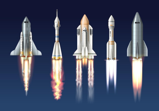 Lancement de vaisseau spatial réaliste serti de fusées volantes isolées sur illustration vectorielle fond bleu