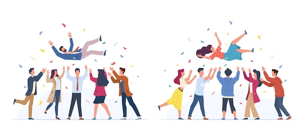 Lancer dans l'air Groupe de personnes jetant l'anniversaire d'un collègue célébrant la victoire féliciter les réalisations de l'équipe commerciale personnages heureux se réjouir de la victoire ensemble plat de dessin animé vectoriel