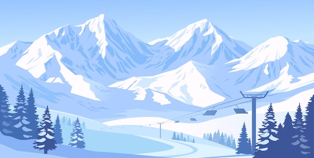 Landage de montagne enneigé avec ascenseur de ski et pins dans une illustration vectorielle de scène hivernale