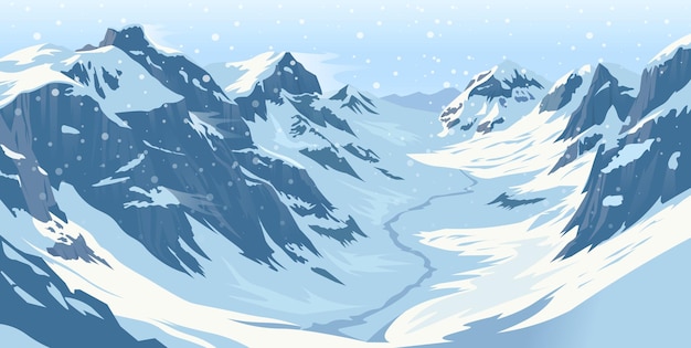 Landage de vallée de montagne enneigée dans une scène météorologique hivernale illustration vectorielle