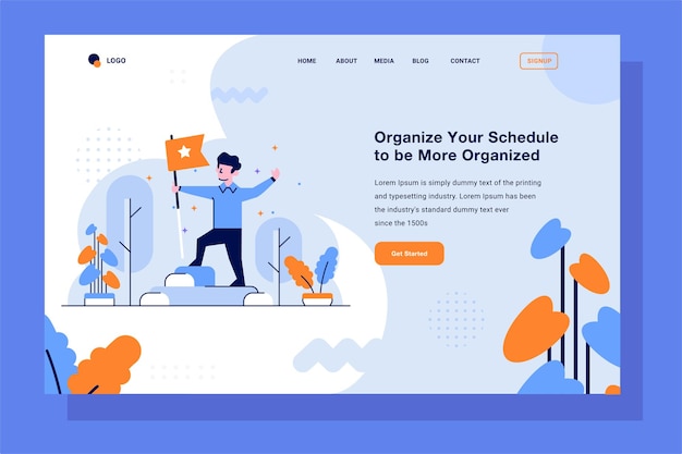 Vecteur landing page business achievement victory peak gagnant meilleur holding flag style de conception de contour plat