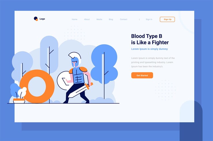 Vecteur landing page health groupe sanguin médical o combattants guerriers prêts à se battre à plat et style de contour