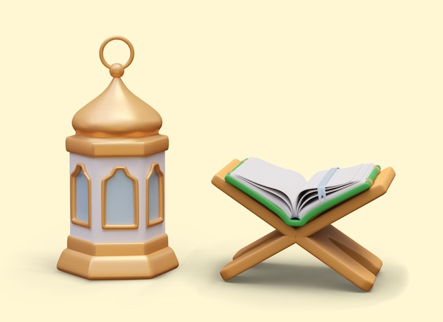 Lanterne arabe traditionnelle en 3D ouvrant le Coran sur un porte-livres en bois