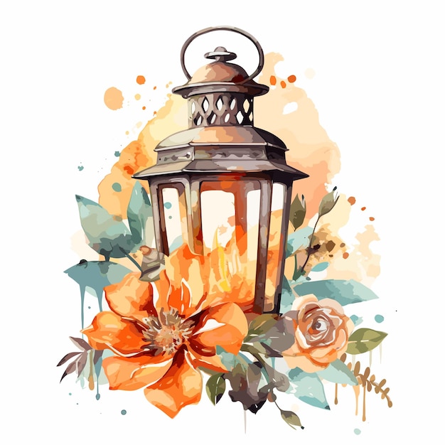 Lanterne Et Fleurs Aquarelle Lampes Arabes Fond De Carte
