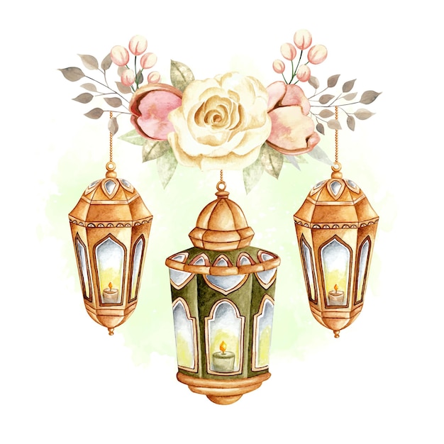 Lanterne islamique aquarelle Ramadan et voeux Eid Al fitr