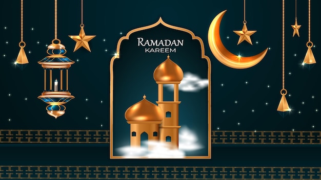 Vecteur lanterne de lune ramadan kareem et mosquée avec nuage