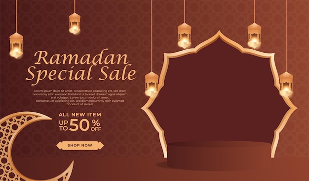 Lanterne D'ornement Islamique De Vente Ramadan Kareem Réaliste Avec Fond De Podium