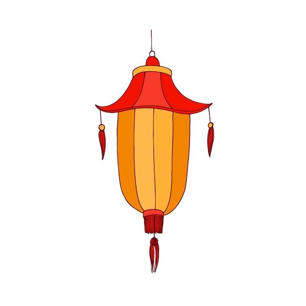 Vecteur lanterne de rue chinoise festive à franges, suspendue à une corde. lampe en papier pliante décorative traditionnelle orientale en chine. lampe asiatique. illustration de vecteur dessiné isolé sur fond blanc