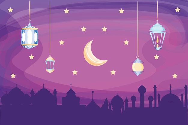 Vecteur lanternes suspendues lune de la ville arabe