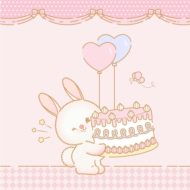 Lapin D'anniversaire Mignon Avec Gâteau Et Ballons