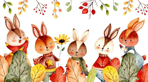 Lapin aquarelle et bannière de feuilles d'automne