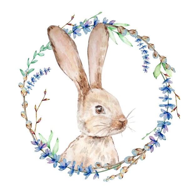 Lapin aquarelle avec couronne florale. Lapin peint à la main avec branche de lavande, de saule et d'arbre isolé