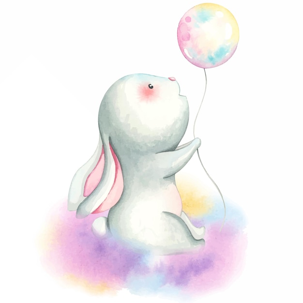 Vecteur lapin aquarelle mignon avec des boules fond blanc