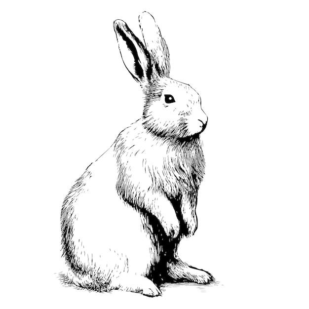Vecteur lapin assis croquis dessiné à la main vue latérale, illustration vectorielle de style gravure.