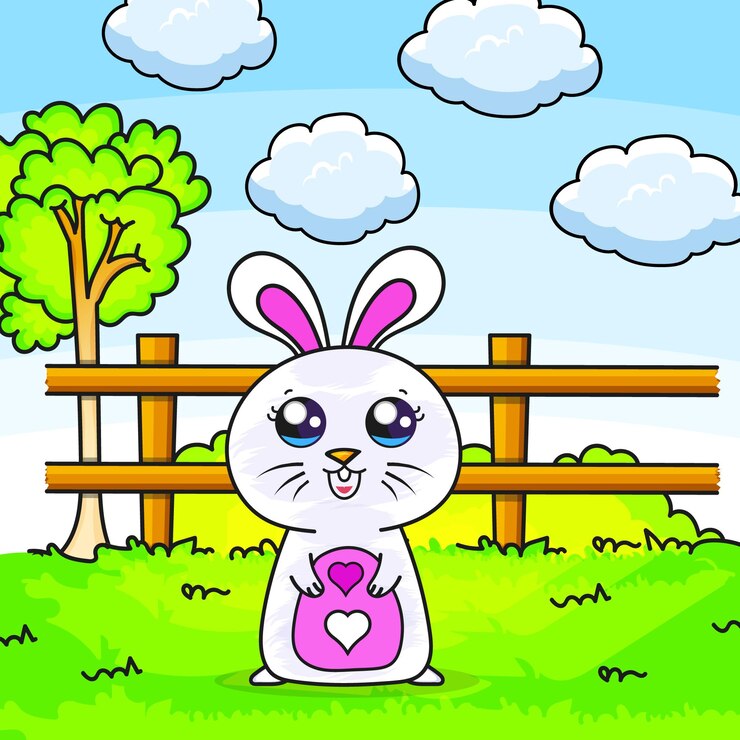 Vecteur un lapin de bande dessinée avec un coeur rose sur sa queue tient un petit sac de chocolats.