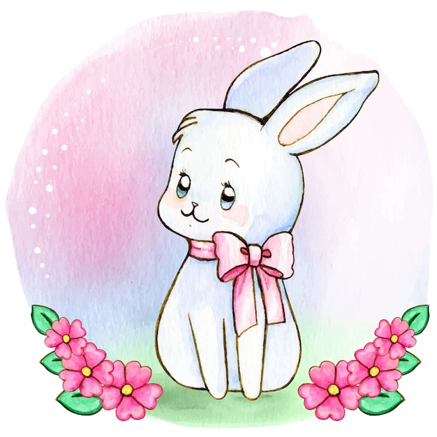 Lapin Bébé Aquarelle Blanc Avec Noeud Rose