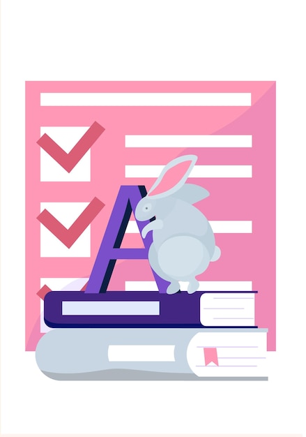 Lapin Blanc Assis Sur La Pile De Livres Avec Illustration De L'école Primaire De Style Plat Grande Lettre