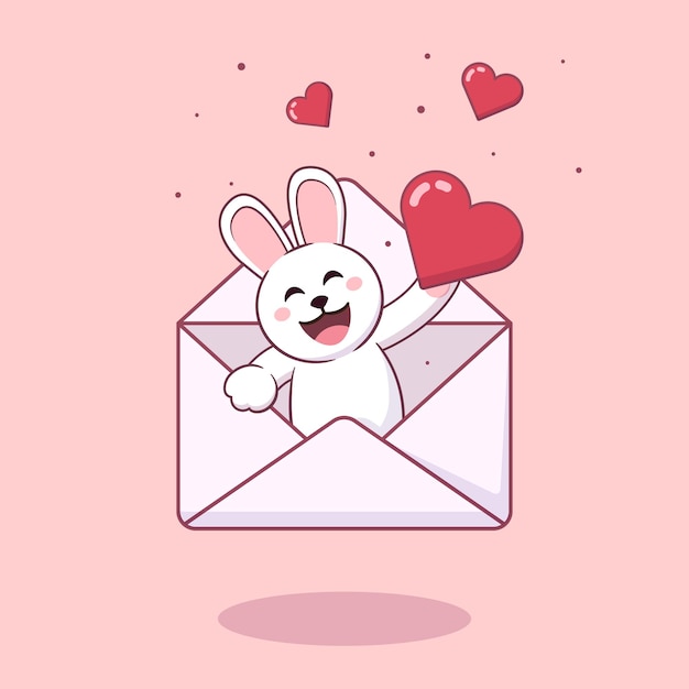 Lapin Blanc De Dessin Animé Mignon Dans Une Enveloppe De Lettre Tenant Un Coeur D'amour