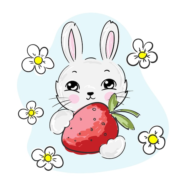 Vecteur lapin blanc mignon avec imprimé fraise pour la conception des enfants