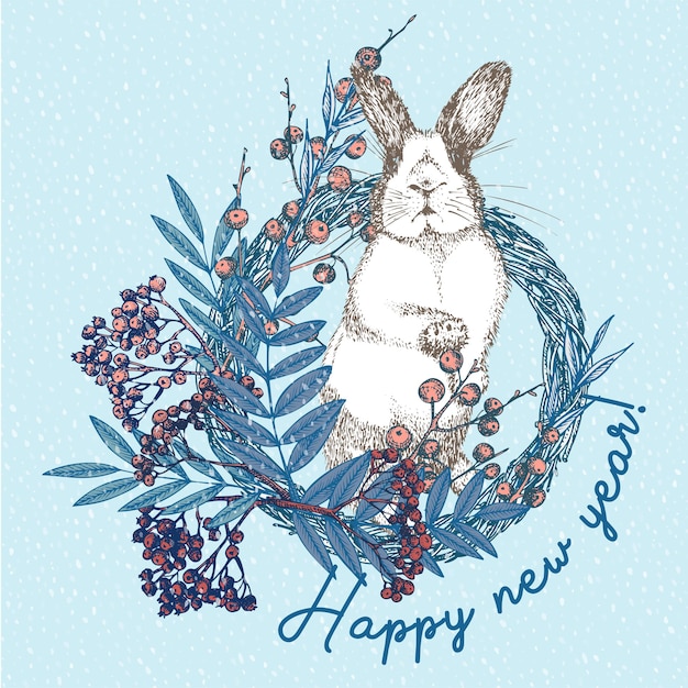 Vecteur lapin blanc avec des taches noires autour des yeux symbole du nouvel an chinois hare lapin assis dans une couronne de noël carte de voeux de nouvel an en couleur bleue croquis de gravure dessiné à la main vector