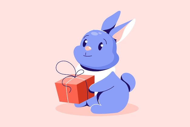 Lapin bleu dessin animé tenant une boîte-cadeau Lapin mignon isolé sur rose joyeux anniversaire et nouvel an