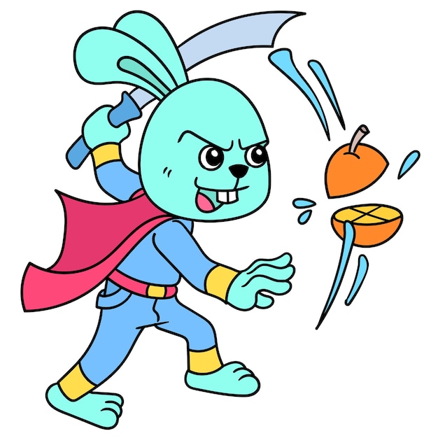 Un Lapin De Combat Portant Une épée Fendant Une Orange, Doodle Dessiner Kawaii. Illustration