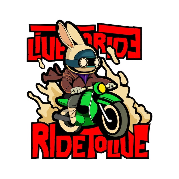 Vecteur un lapin de dessin animé conduisant une moto avec le mot ride dessus