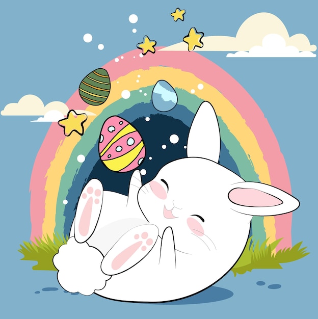 Un lapin de dessin animé est allongé devant un arc-en-ciel et les mots Pâques dessus.