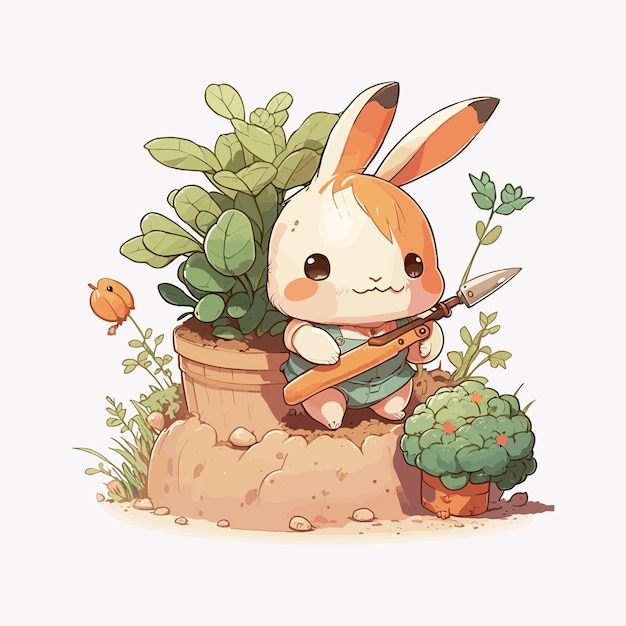 Un lapin de dessin animé est assis dans une plante en pot et les mots lapin sont sur le devant