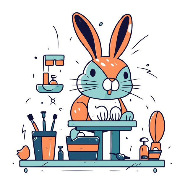 Vecteur le lapin de dessin animé mignon assis sur la table illustration vectorielle