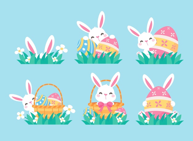 Un lapin de dessin animé se cachant derrière des œufs de Pâques colorés pendant le festival des œufs de Pâques