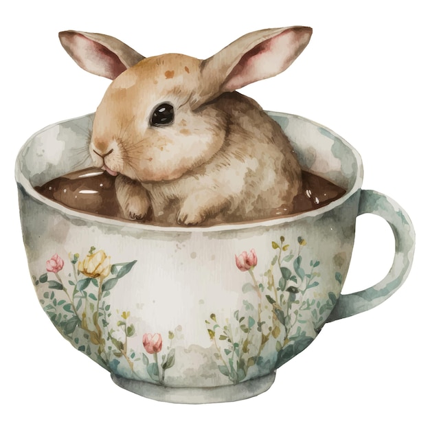 lapin en dessin animé de tasse de thé dans un style aquarelle